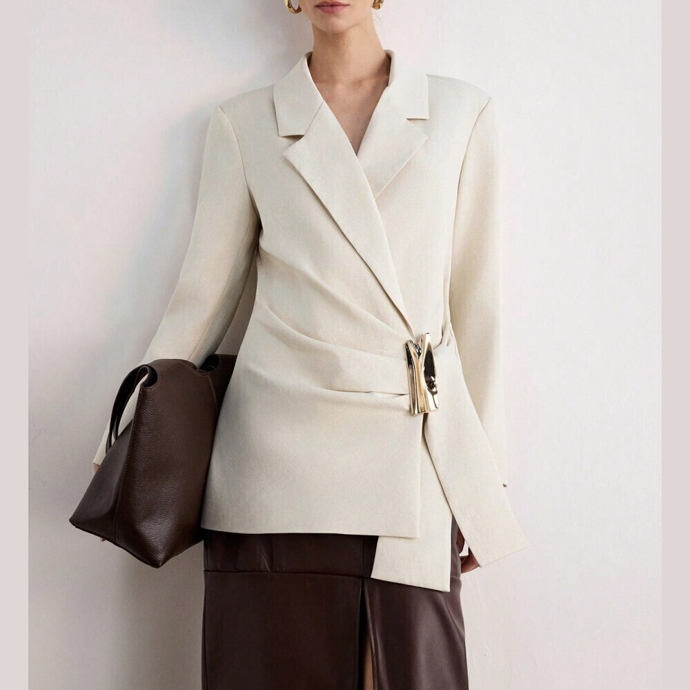Cream Woven Wrap Front Sculptural Button Fastening Lapel Blazer